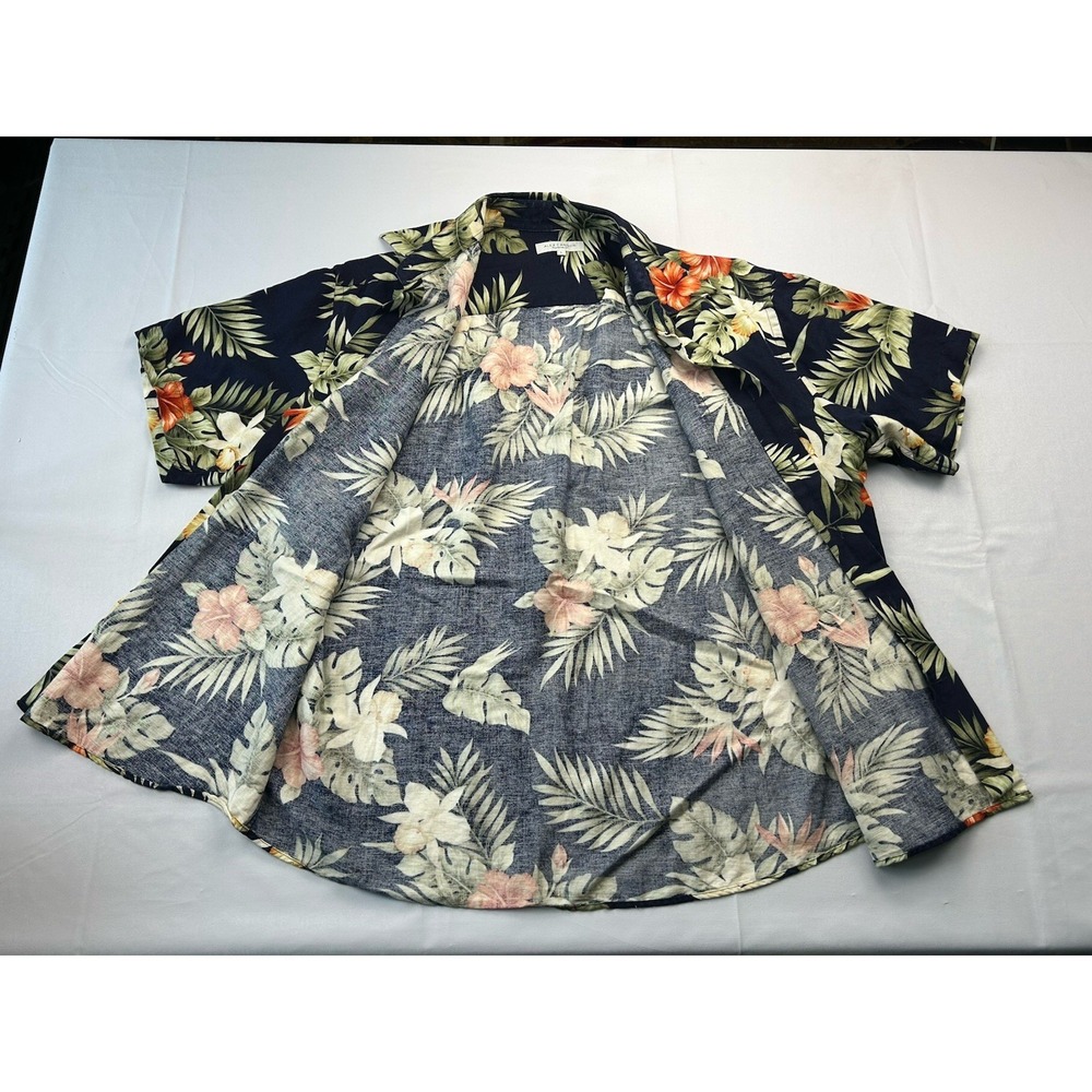 Alex Cannon Hawaiian Camp Shirt Large Tropical Floral Linen Rayon Aloha Navy - Picture 7 of 14